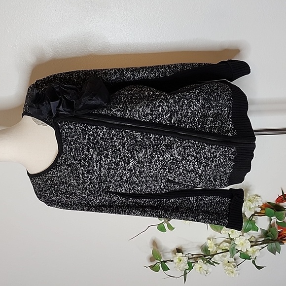 Loft Marled Black Tweed Knit Moto Jacket Sweater Embellished Spring Mobwife - Picture 8 of 15